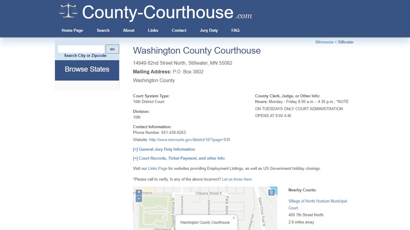 Washington County Courthouse in Stillwater, MN - Court Information